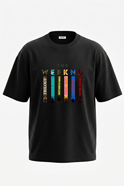 Anetos The Weeknd_36 Σχεδιαστικό εμπριμέ μπλουζάκι σε μεγάλο μέγεθος, μαύρο