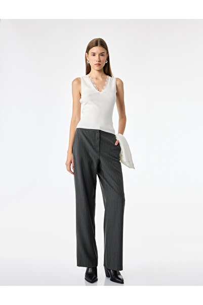Koton High Waist Wide Leg Striped Fabric Pants with Pockets