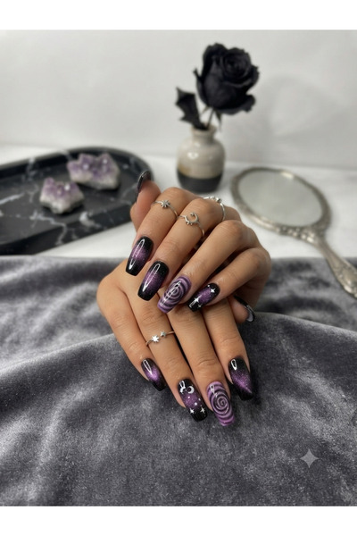 Shades On Nails Handmade Press-On Nails Set - Size Medium Purple & Black Velv...
