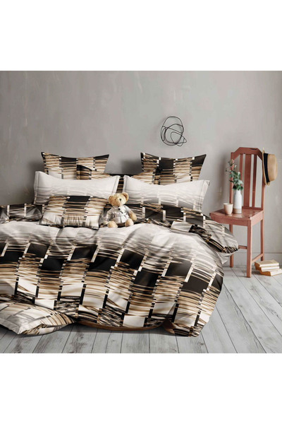 CumparaMisim Lenjerie pat dublu, bumbac satinat, 4 piese, Crem, Maro, abstract