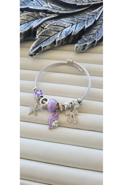 YİĞİTKARANAKSESUAR Steel Purple Charm Detail Women's Bracelet – with Sea Star...