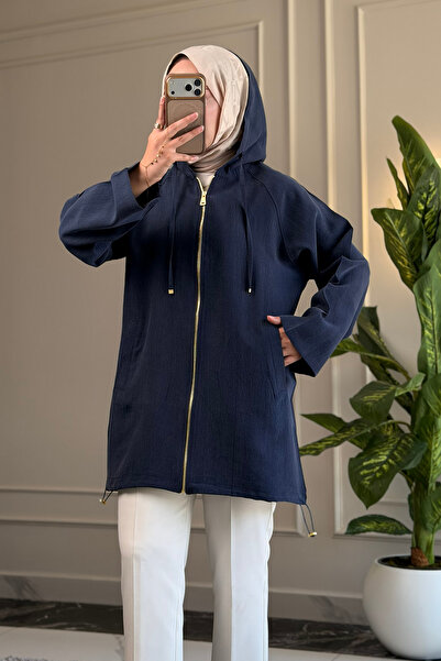 Suede Style 6406 - Comfortable Zippered Pocket Hooded Long Cap with Hood Detail