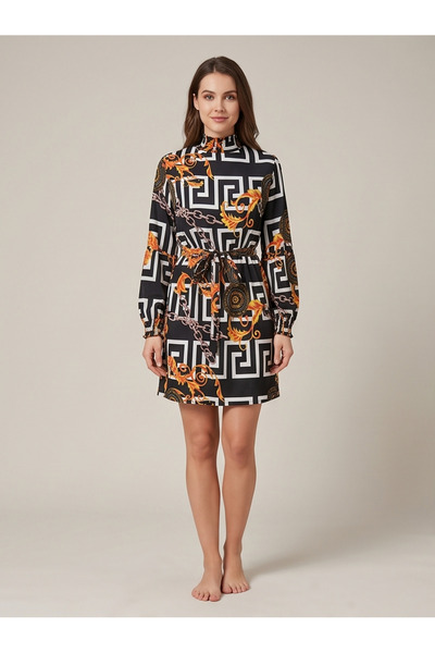 gökçesu Women's Geometric Patterned Chain Detailed Dress - Gipeli High Neck L...