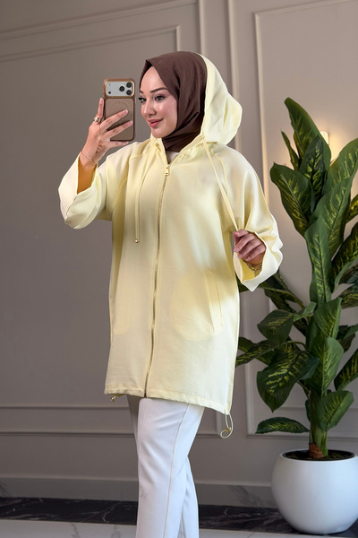 Suede Style 6406 - Comfortable Zippered Pocket Hooded Long Cap with Hood Detail