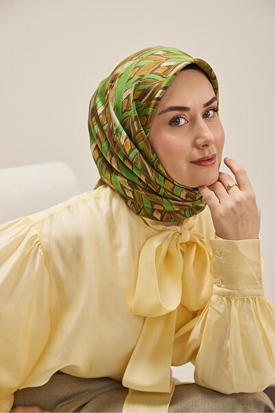 Silk Home وشاح حرير تويل سيرينيت بني أخضر 90x90