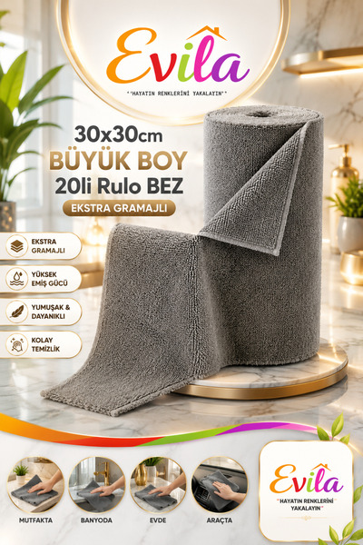 Evila 20 ADET (GRİ) Rulo Mikrofiber Bez Koparılabilir Mikro Fiber Bez Kalitel...