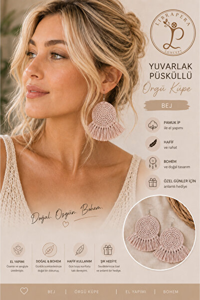 Librapera Concept Kadın Bej El Yapımı Yuvarlak Püsküllü Makrome Küpe