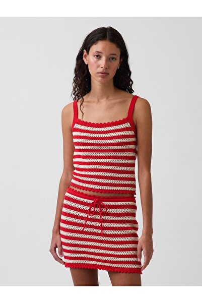 GAP Kadın Kırmızı %100 Pamuk Crochet Crop Triko Bluz