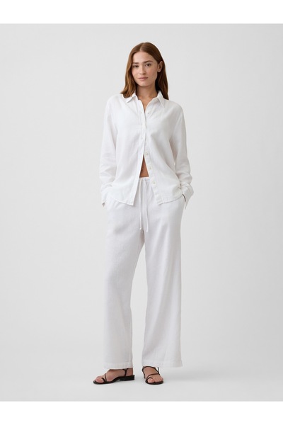 GAP Kadın Beyaz Relaxed Keten Karışımlı Wide-Leg Pantolon