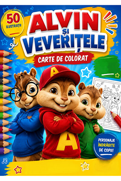 Generic Brand Carte de colorat, 50 de ilustratii Alvin și Veverițele , A4