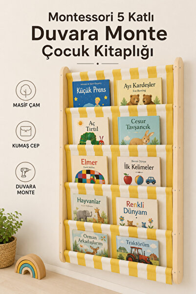 EverAlpina Montessori Duvara Monte Ahşap Çocuk Kitaplığı Kanvas Cepli Kitap D...