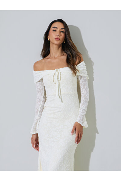 Styli Beige Off Shoulder Mermaid Hem Maxi Dress