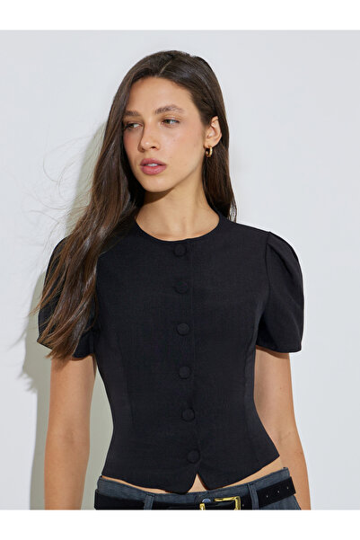 Styli Solid Vintage Woven Blouse