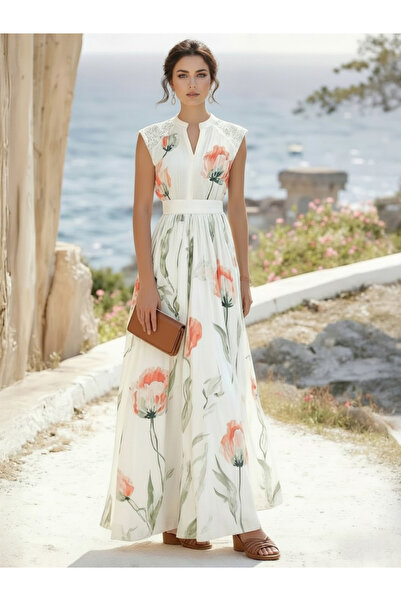 Styli Off White Floral Lace Trim A-Line Maxi Dress