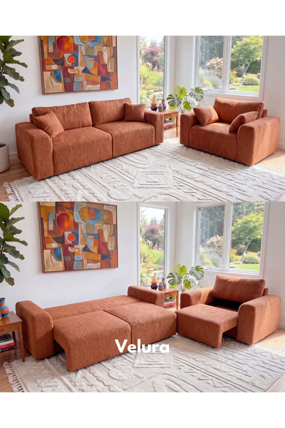 Velura Home & Living Sora 3+1 Yataklı ve Sandıklı Koltuk Takımı - Kiremit