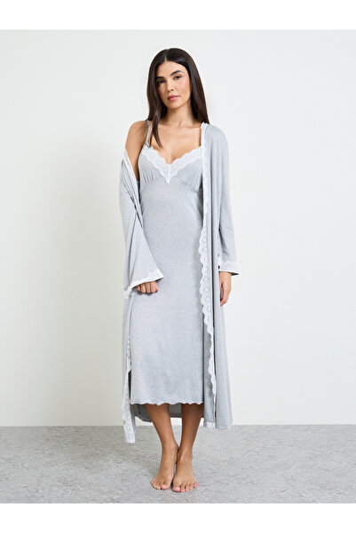 Styli Pack Of 2 - Contrast Lace Detail Slipdress And Robe