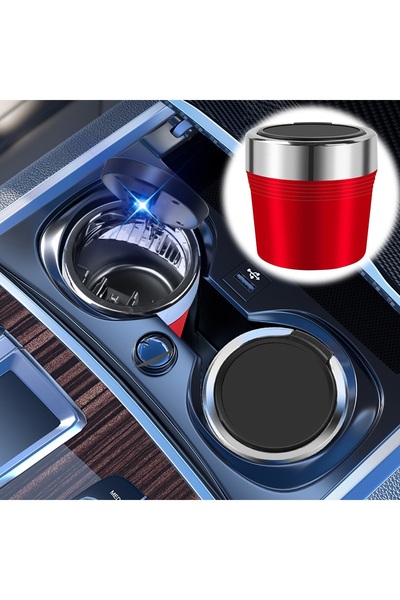 Modifiyum Kırmızı Mini Araç İçi Küllük Metal Hazneli Mavi Işıklı basmalı Kapa...