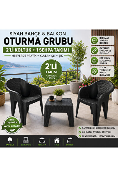 DZ siyah bahçe balkon oturma grubu 2 li koltuk+1 sehpa takımı rattan desenli ...