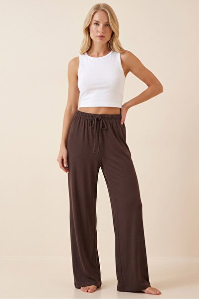 OBJE Women's Bitter Brown Elastic Waist Lace-Up Wide Leg Trousers