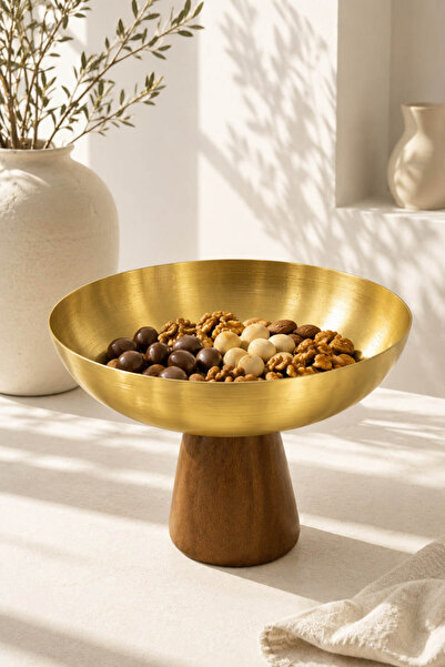 Anadolu Saray Gold Metal Presentation Tray with Screwed Acacia Wood Legs, Dec...