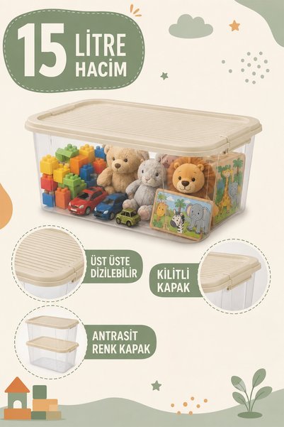 Meleni Baby 3-Piece Item Storage Organizer - Baby and Kids Room Toy Organizer with Locking Lid 15Lt Beige