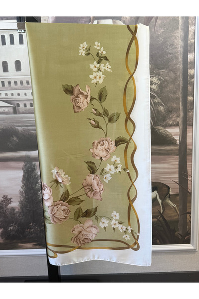diorel Green Rose Patterned Silk Blend Scarf with Gold Border