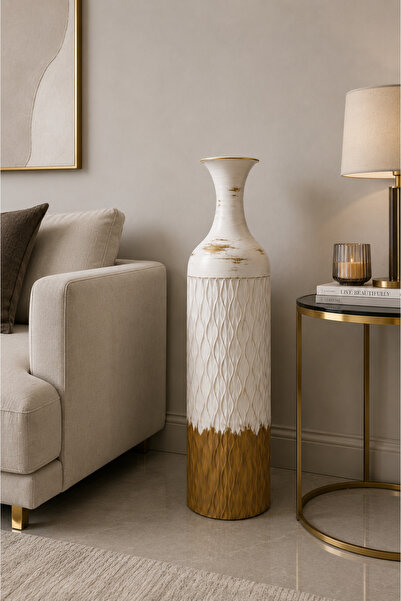 Vien Home Dekoratif Metal Yer Vazosu Seramik Görünümlü Beyaz Gold 84 cm