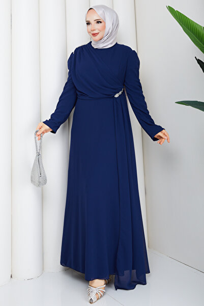 Pamuk Butik فستان سهرة نسائي من الشيفون بتفاصيل حجرية وتفاصيل درابيه، مناسب ل...