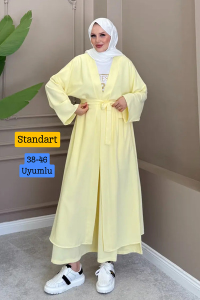 Mogi Butik طقم كيمونو نسائي طويل مع سترة وبنطلون وحزام وملابس إسلامية متناسقة...
