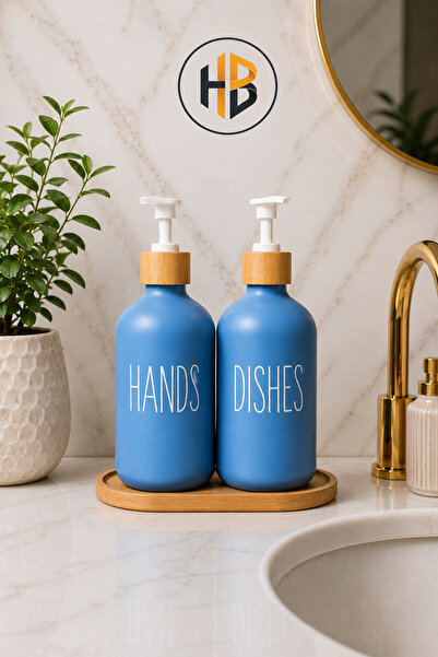 HOBİLON 2 Adet Dekoratif Porselen Sıvı Sabunluk 350+350 ML Bambu Standlı