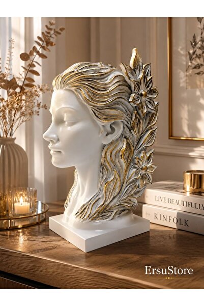 ersu store Dekoratif Kadın Büstü Heykel Gold Detaylı Beyaz Biblo | Modern Sal...