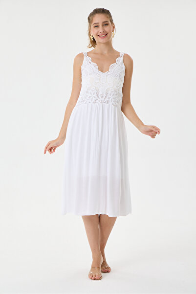 della moor White Italian Lace Midi Dress with Elastic Back and Straps, Sizes ...