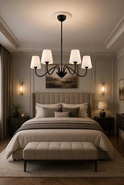 BSA LIGHTING MİRA 4'LÜ SİYAH MODERN AVİZE (KREM KONİK ABAJURLU) E27 DUYLU KLASİK ŞIK AVİZE