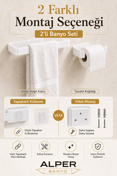 Alper Banyo Beyaz Lamalı 2'li Banyo Seti, Lamalı Solo Havlu Kağıdı Askısı, Lamalı Tuvalet Kağıdı Askısı, Hem Yapışkanlı Hem Montajlı Ürün