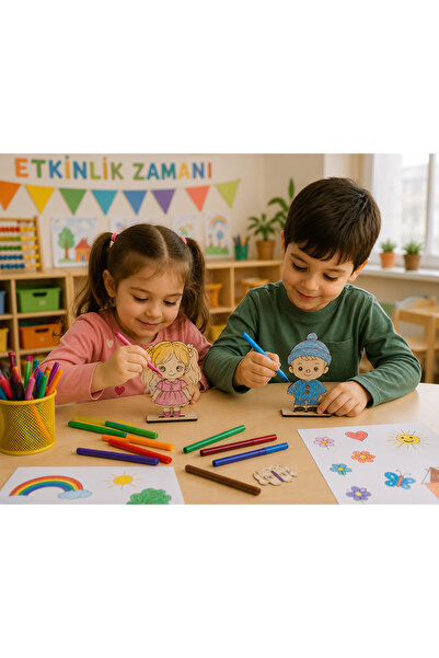 30’lu Ahşap Boyama Figür Seti 15 Kız 15 Erkek Standlı MDF Çocuk Boyama ve Etkinlik Seti