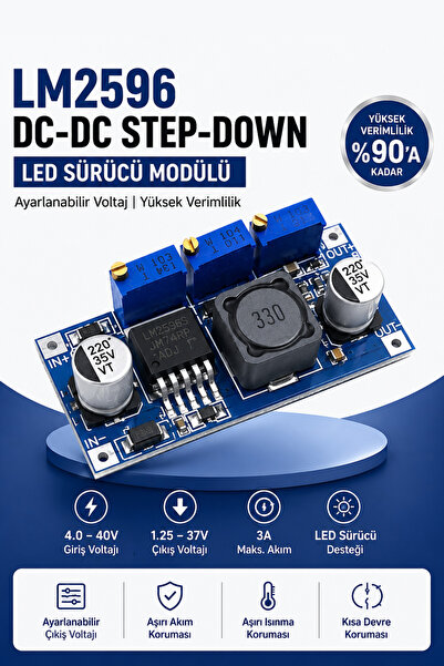RoboPazar LM2596 Ayarlanabilir DC-DC Step Down Voltaj Düşürücü Modül – LED Sü...