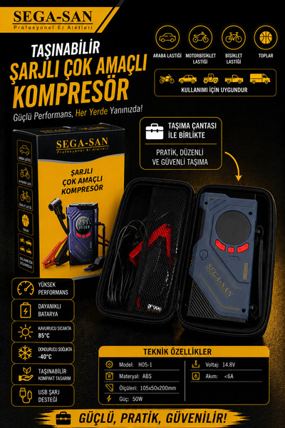 SEGASAN SEGA-SAN Taşıma Çantalı Şarjlı Kompresör ve Akü Takviye Cihazı