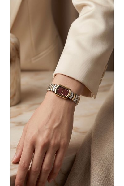 KLISHE Vintage Women Steel Watch Gold & Silver Mix Color Claret Dial Rectangular Case Old Money Luxury Elegant Stylish Women Wristwatch |   Premium Steel Cord |   Limited Edition 2026