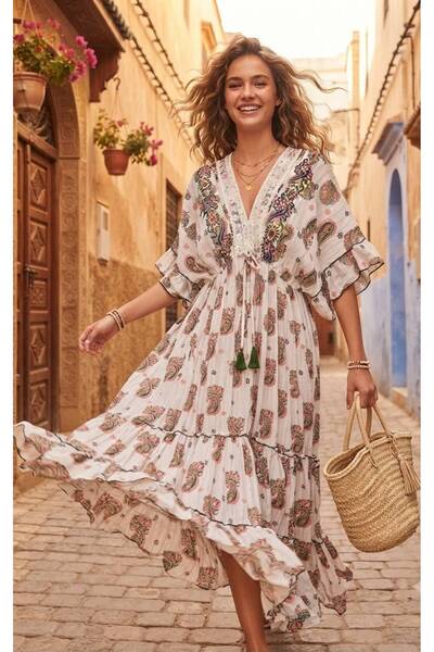 moda gk Boncuk/Nakış Detaylı Parlak Desenli Bohem Pamuk/İpek Elbise