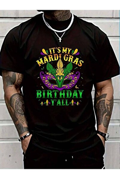 799 تي شيرت رجالي أسود 100% قطن بطبعة "It's My Mardi Gras Birthday Y'all"، قم...