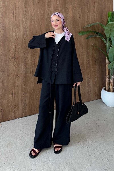 Hazamoda Güneş Linen Button Detail Suit Black