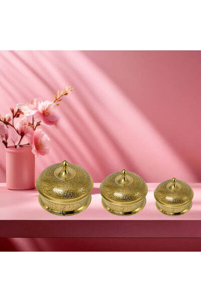 Al Athar Arts Brass Emboss Round Sugar Bowl With Lid With Gold Finish(diamete...
