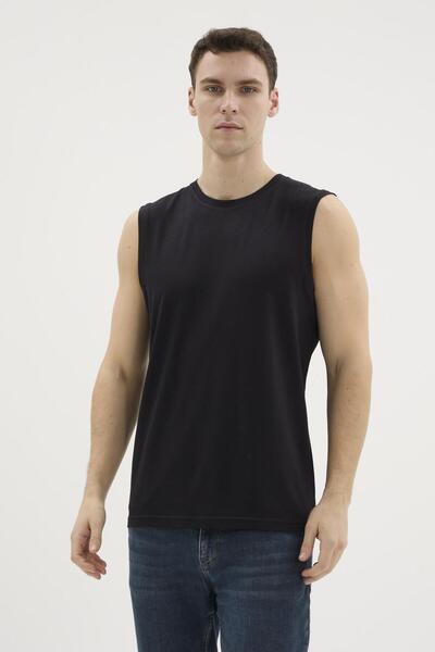 KLY Men's Navy Blue Crew Neck Zero Sleeve Modal T-Shirt C2T2N5