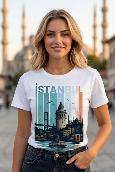 Baran Işık تي شيرت عتيق الطراز مطبوع عليه برج غلاطة في اسطنبول للجنسين - تي ش...