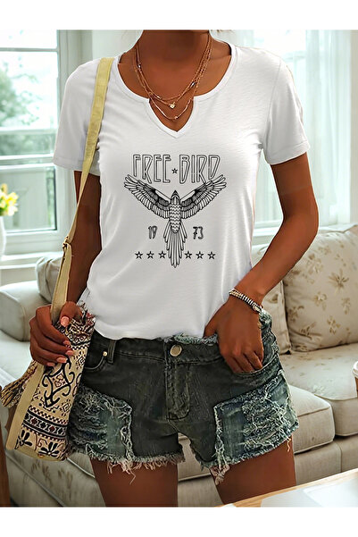 Deocept Tricou confortabil pentru femei, cu imprimeu mixt, cu decolteu în V, ...