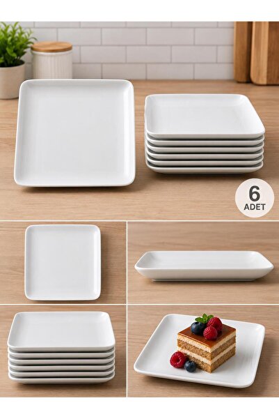 ALBETTO Set of 6 Porcelain Serving Plates Cake Plates White Square 19cm