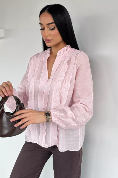 Aryena Powder Women's High Collar Ruffled Flounce Blouse