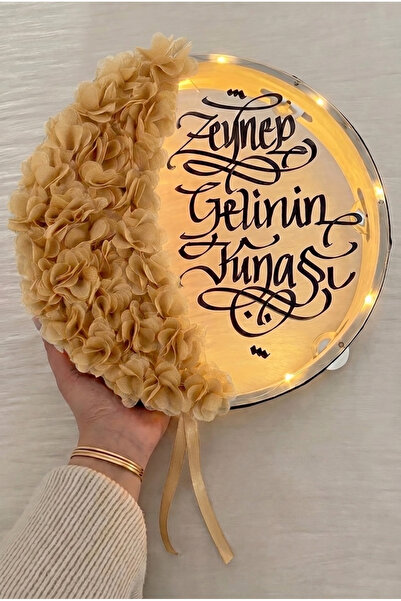 ZEYMERADE Gold Ledli Şeffaf Gelin Tefi 32cm, 3d Çiçek Süslemeli, Düğün Sünnet...