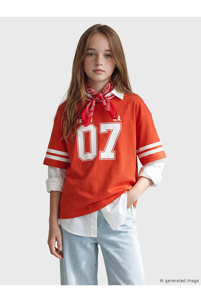 LC Waikiki Trendlucky Girls' Printed T-Shirt with Oval Collar and Contrast
