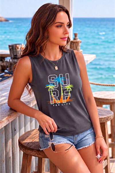 BW Bravely Wear تي شيرت نسائي بدون أكمام مطبوع عليه SURF FOR LIFE (بدون أكتاف)
